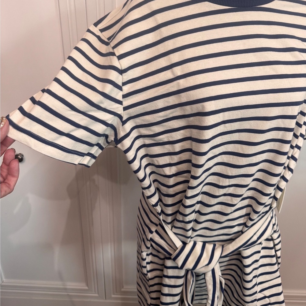 Anthropologie Navy Striped Daily Practice Tie Waist Dress Large - Picture 3 of 6